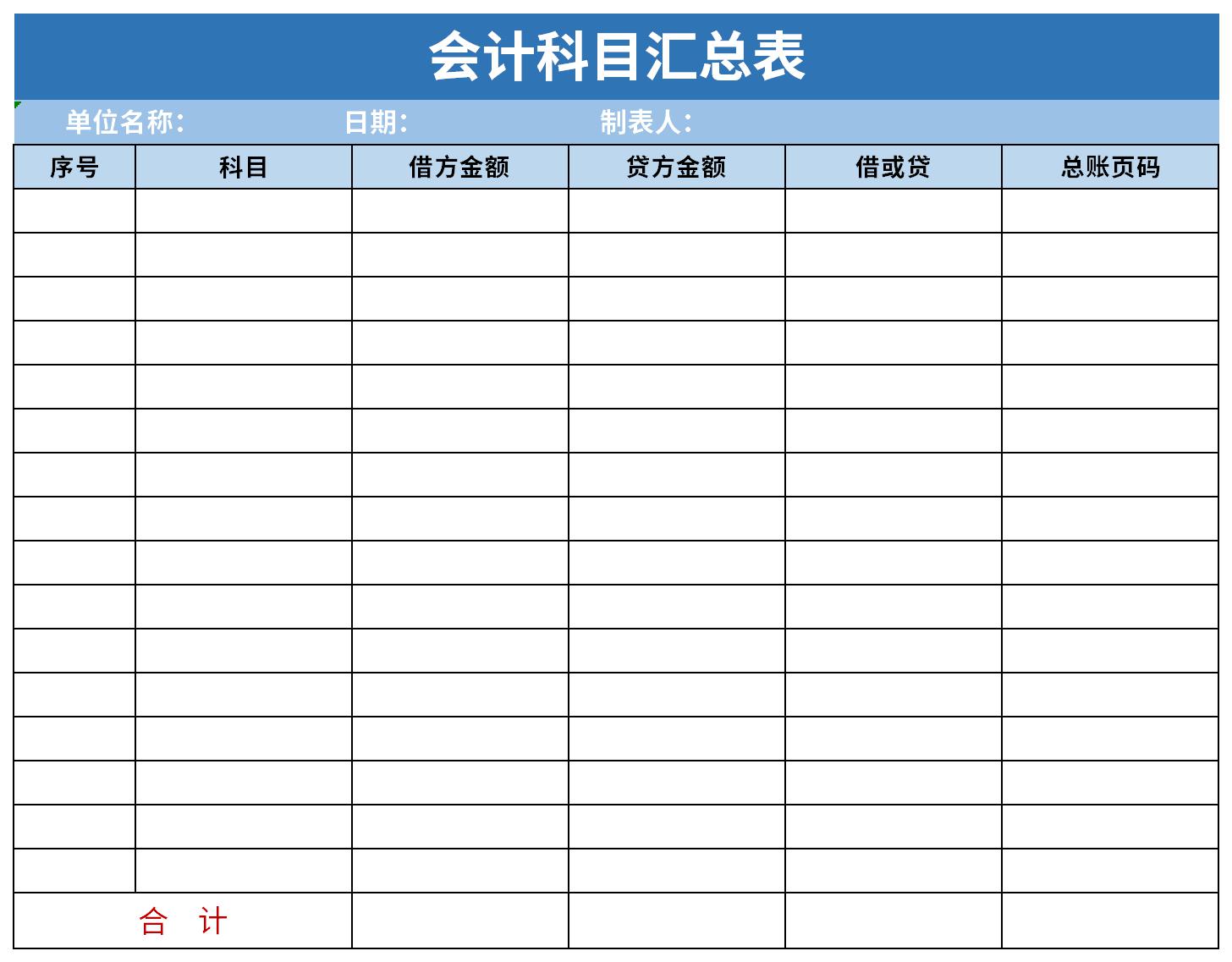 會計科目匯總表截圖